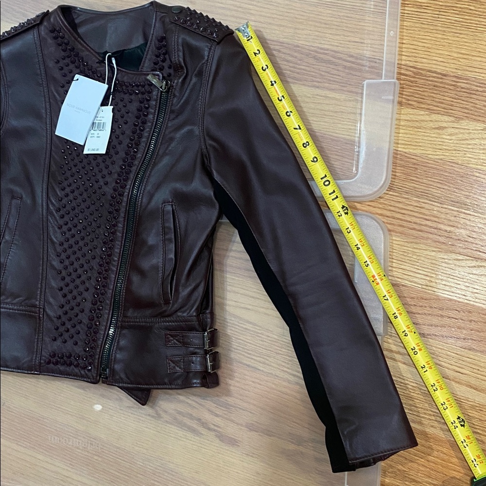 New with Tag Designer Nour Hammour Burgundy Studded Erin Leather Jacket - Picture 9 of 17